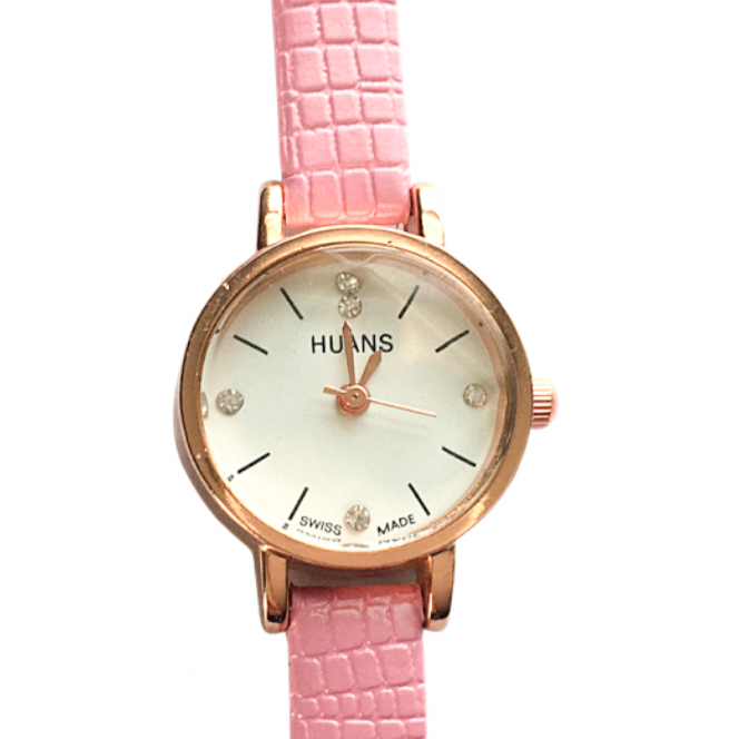Huans Horloge- Leer-Krokodillenlook- Roze- 22.5 cm