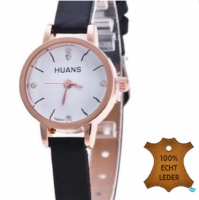 Horloge Huans Zwart Lederenbandje- Zirkonia
