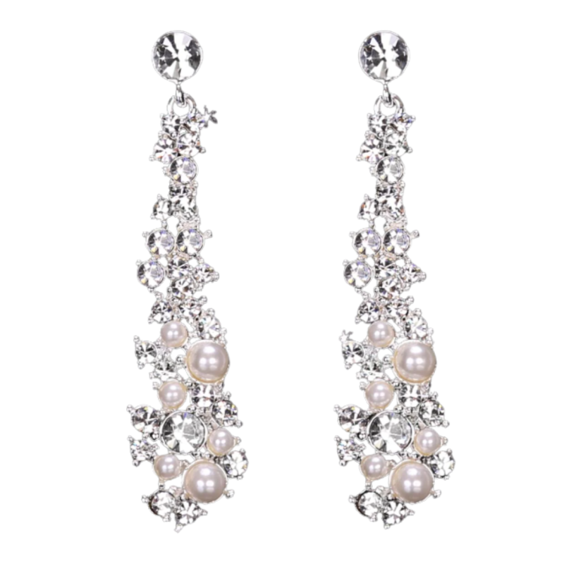 Clip oorbellen Bruid Lang  Zilverkleur Parel