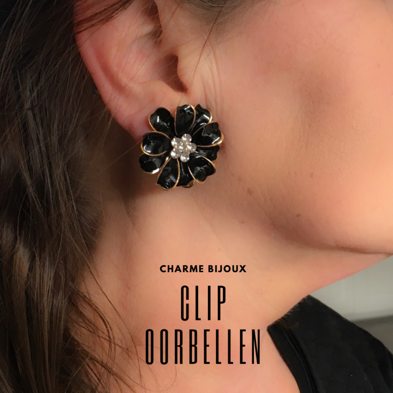 Zwarte bloem oorbellen Clip strass 2.5 cm
