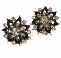 Clip Oorbellen Zwarte Bloem  Strass 3.5 cm