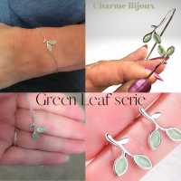 3 delig-zilveren ketting -oorbellen- armband Green Leaf