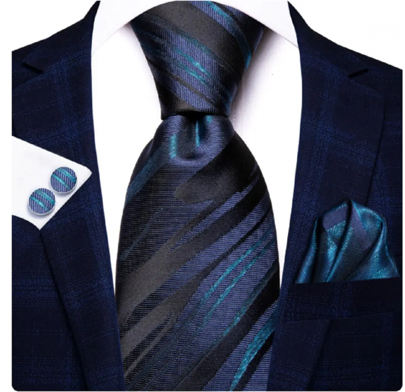 Stropdas set 100% zijde-blauw-stropdas-manchetknopen-pochet