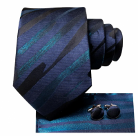 Stropdas set 100% zijde-blauw-stropdas-manchetknopen-pochet