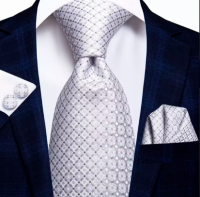 Stropdas set 100% zijde-wit licht grijs-stropdas-manchetknopen-pochet met dasspeld