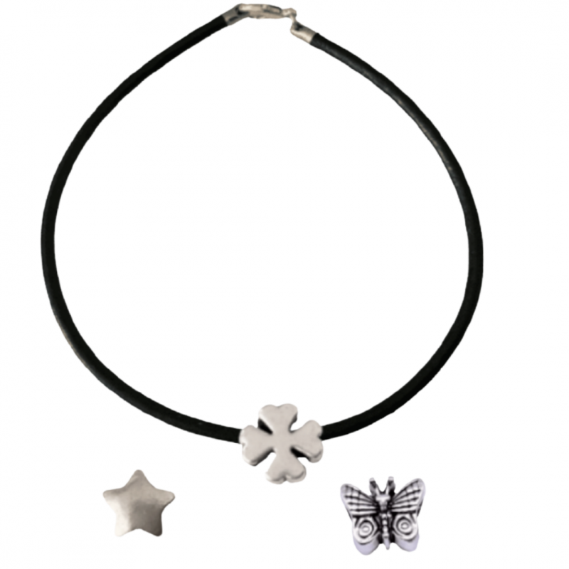 Zwart enkelkoord -Wissel Beads- 3  bedels-ster-vlinder-klaver- 20 cm