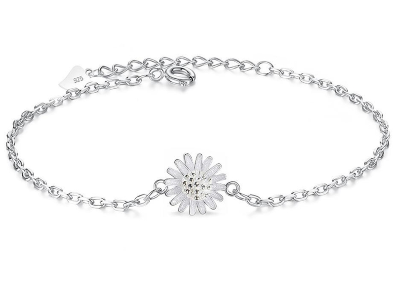 Zilveren Enkelkettinkje Witte Daisy  17 cm