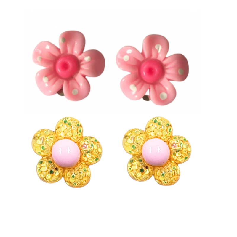 2 paar  Clip oorbellen bloem geel roze