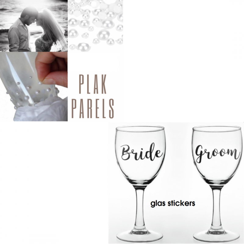 set 1  Glas parels en stickers Wit-Wijnglas- Bruiloft