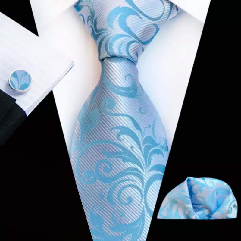 stropdas set 100% zijde- licht blauw-stropdas-manchetknopen-pochet