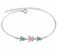 Zilveren armband  groen- roze bloemetje