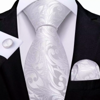 Stropdas set- 100% zijde-wit- Blad motief-stropdas-manchetknopen-pochet