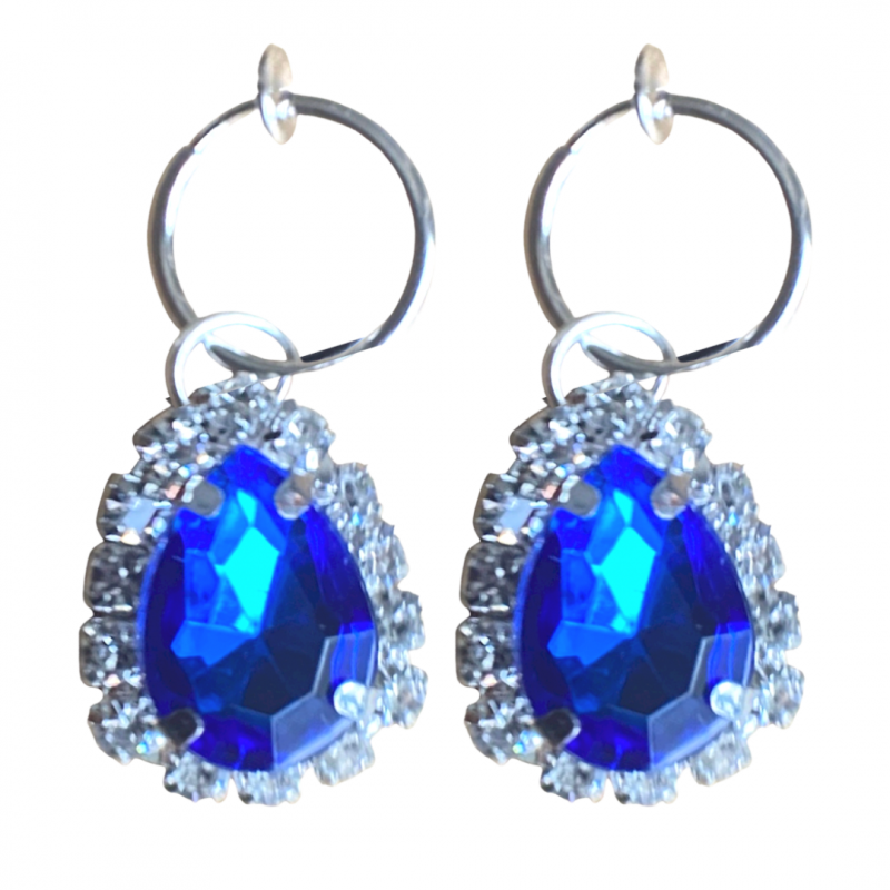 Klem oorbellen Blauw Strass 3 cm