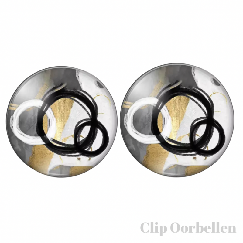 Clip Oorbellen-Cabochon-2 cm-Rond- Wit Zwart