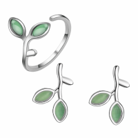 2-Delige Set - Zilver-Oorbellen- Verstelbare ring- Green Leaf