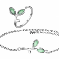 2-Delig Set- Zilver- Armband 18 cm met ring- Green Leaf