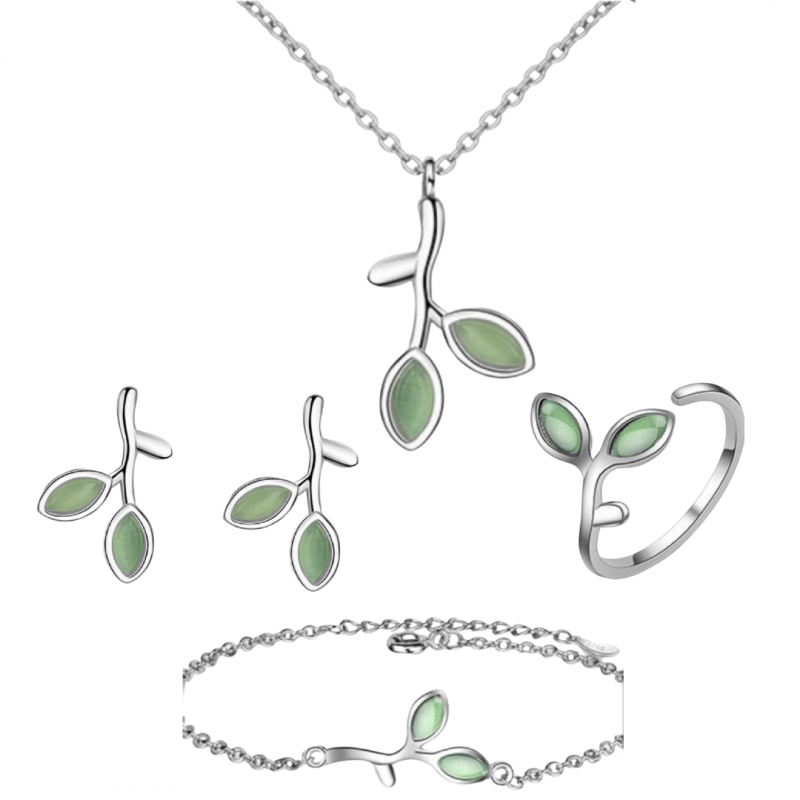 Set- 4 Delig- Green Leaf- Ketting- Armband- oorbellen- Ring