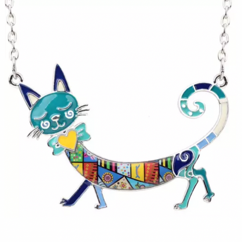 Ketting-Kat-Emaille-Blauw-Poes-Metaal