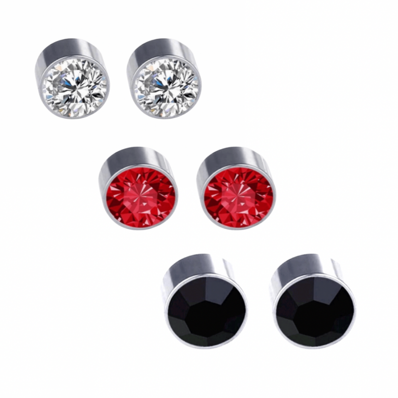 3 Paar-Magneet oorbellen-Wit-Rood-Zwart-6 mm