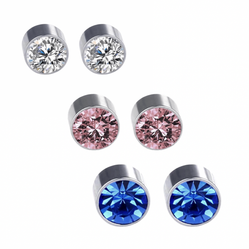 3 Paar-Magneet oorbellen-6 mm-Oud roze-Wit-Midden Blauw