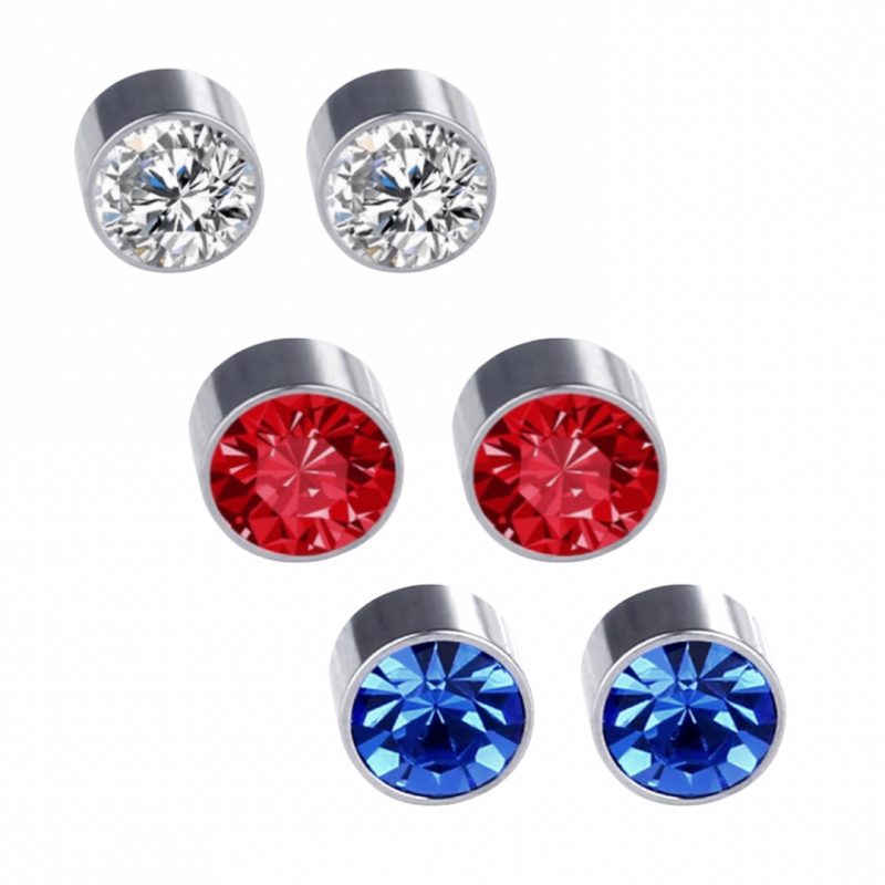 3 Paar-Magneet oorbellen-6 mm-Rood-Blauw-Wit