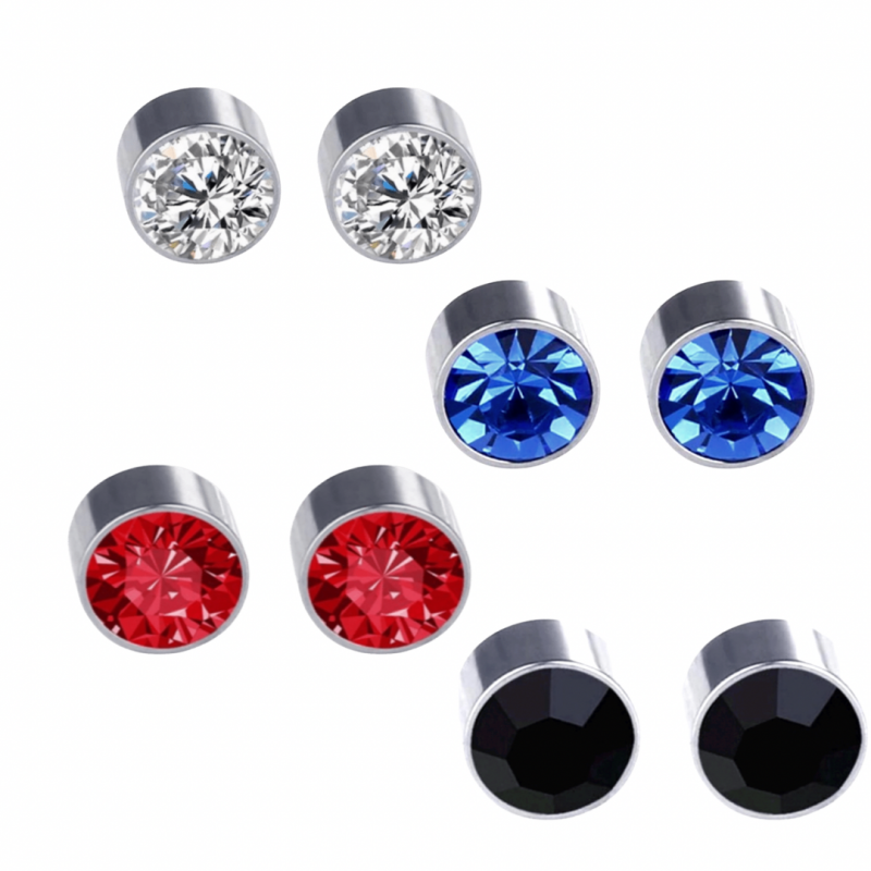 4 paar -Magneet oorbellen-6 mm-Zwart-Wit-Rood-Blauw