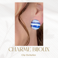 Clip oorbellen-Blue strips-2 cm Blauw-wit