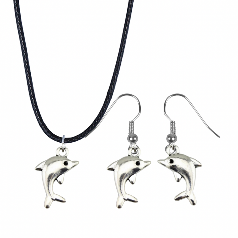 2-Delige- Dolfijn sieraden set-ketting-Oorbellen aan zilveren oorbelhaak