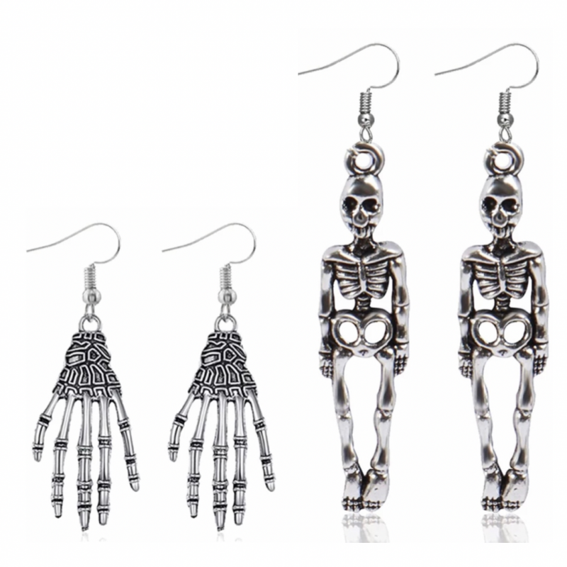 set 2 paar oorbellen skelet/skelethand- zilveren haak