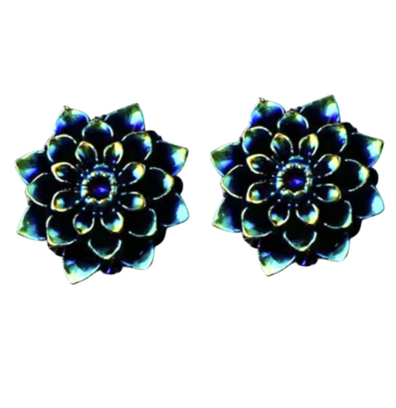 Clip oorbellen Groen Blauw Olie  bloem  2 cm