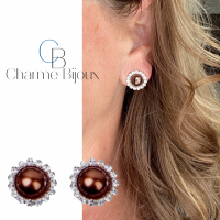 2 Paar-Clip oorbellen-1.5 cm-Kunststof- donker bruin-Wit