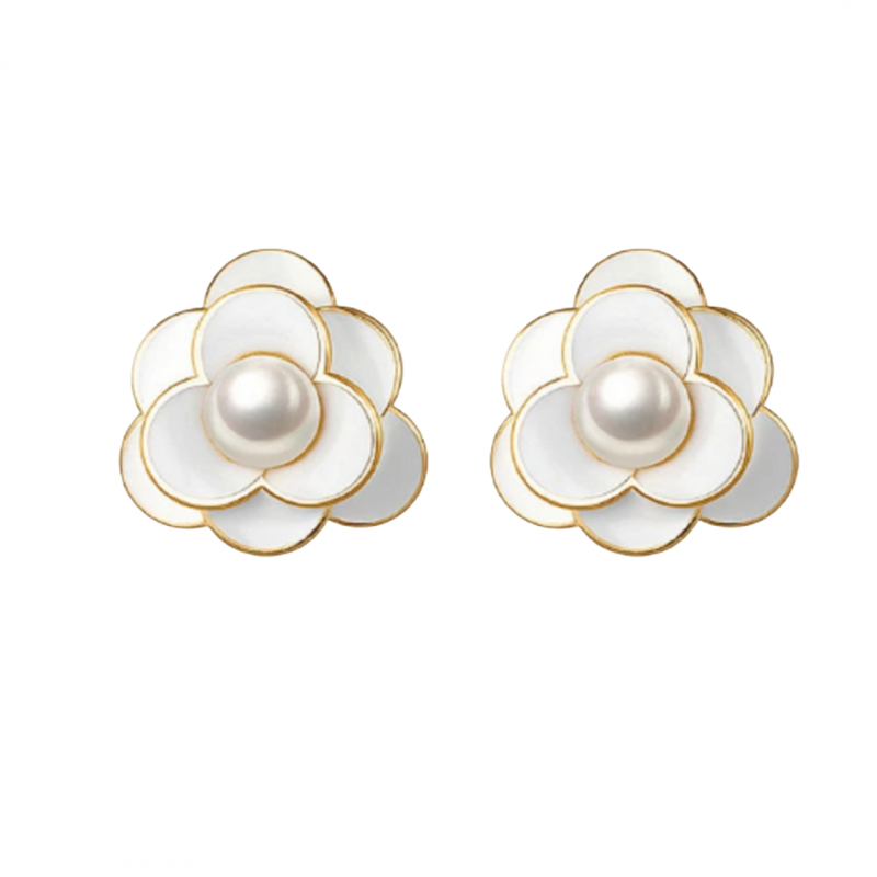 Clip Oorbellen Bloem Wit synthetische Parel 1.3 cm