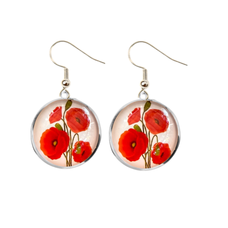 Lange oorbellen Papaver rood argemon zilver