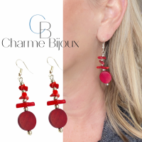 Oorbellen- rood- Zilver hout en steen