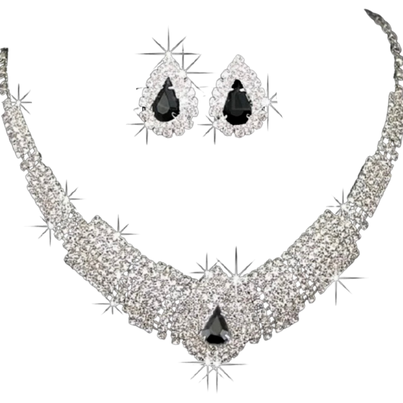 Set zilverkleur strass en zwart ketting oorbellen