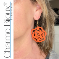 Zilveren oorhangers- Hout- Oranje- Pioenroos- 6 cm