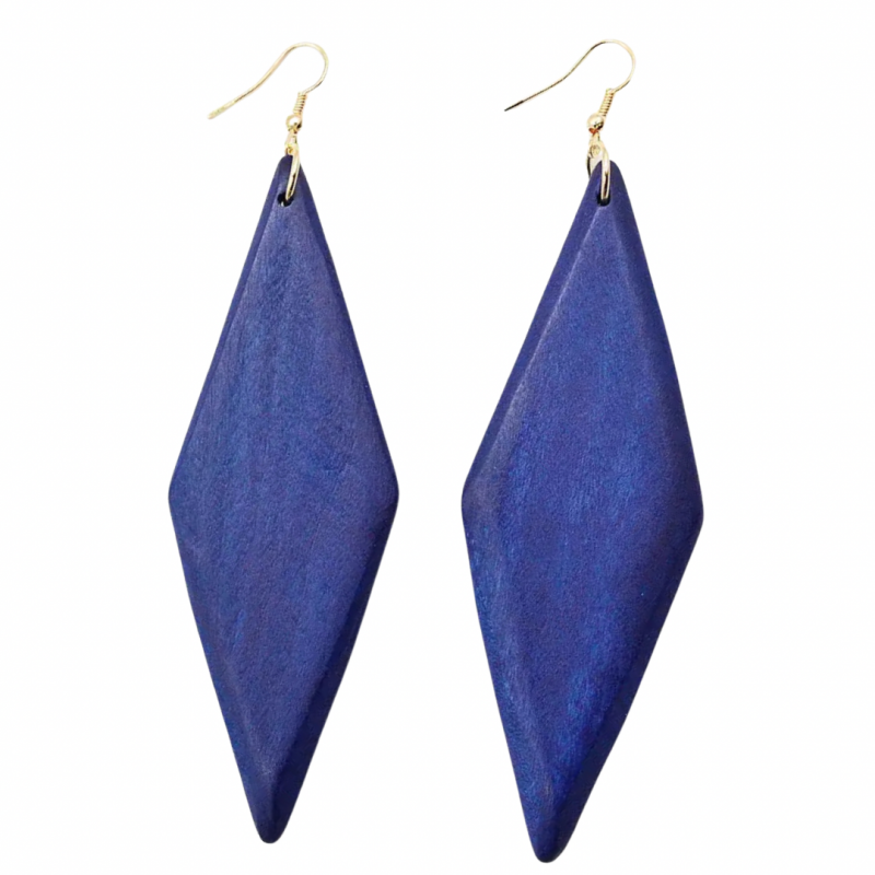 Zilver 925- houten- oorhangers- Madina - Blauw-Goudkleurig- Extra lang- 12 cm