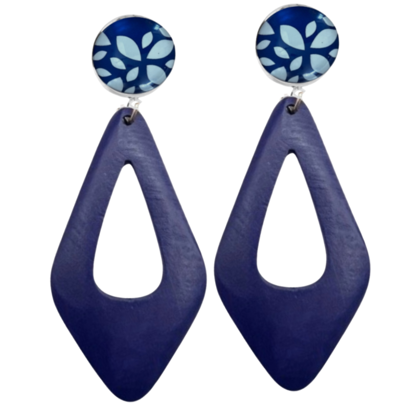 Clip oorbellen blauw hout bloem Vendy