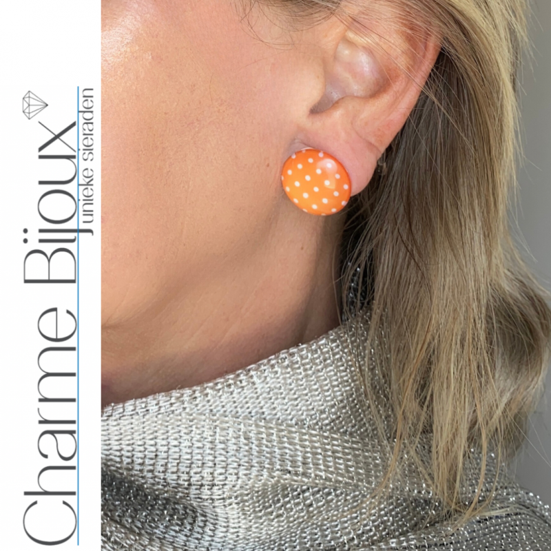 Clip Oorbellen - Oranje met Witte Stippen - 2 cm