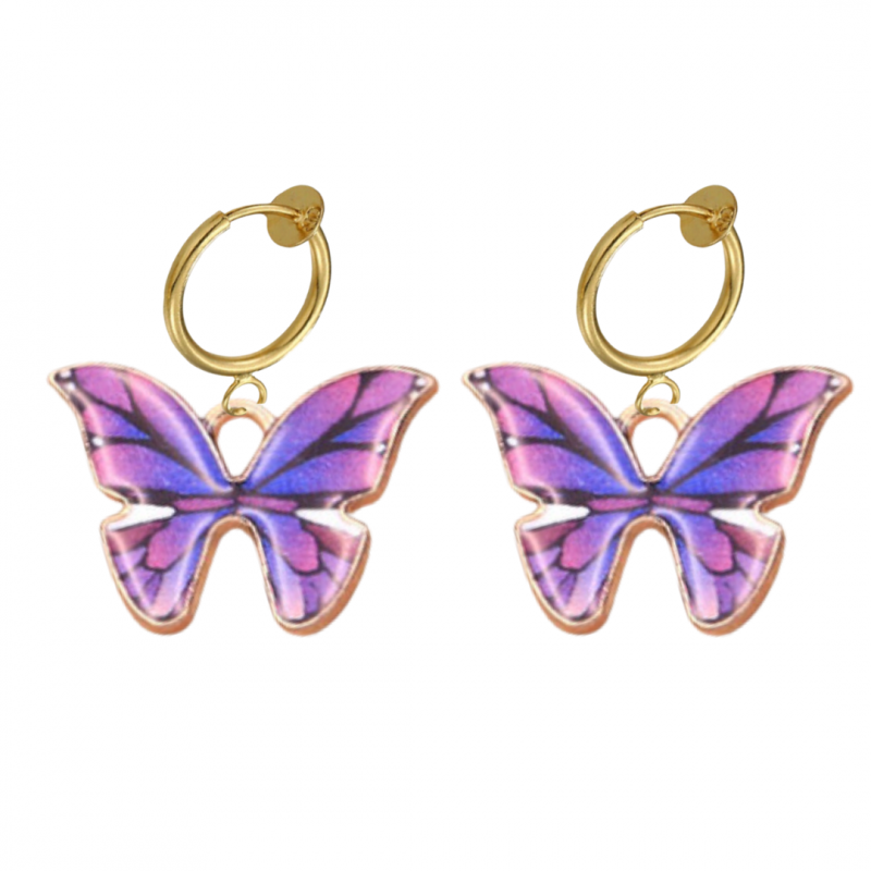 Klem oorbellen paarse vlinder goudkleurig