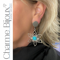 Clip oorbellen Turquoise Bloem zilverkleur