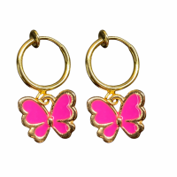 Klem oorbellen goudkleurig vlinder roze