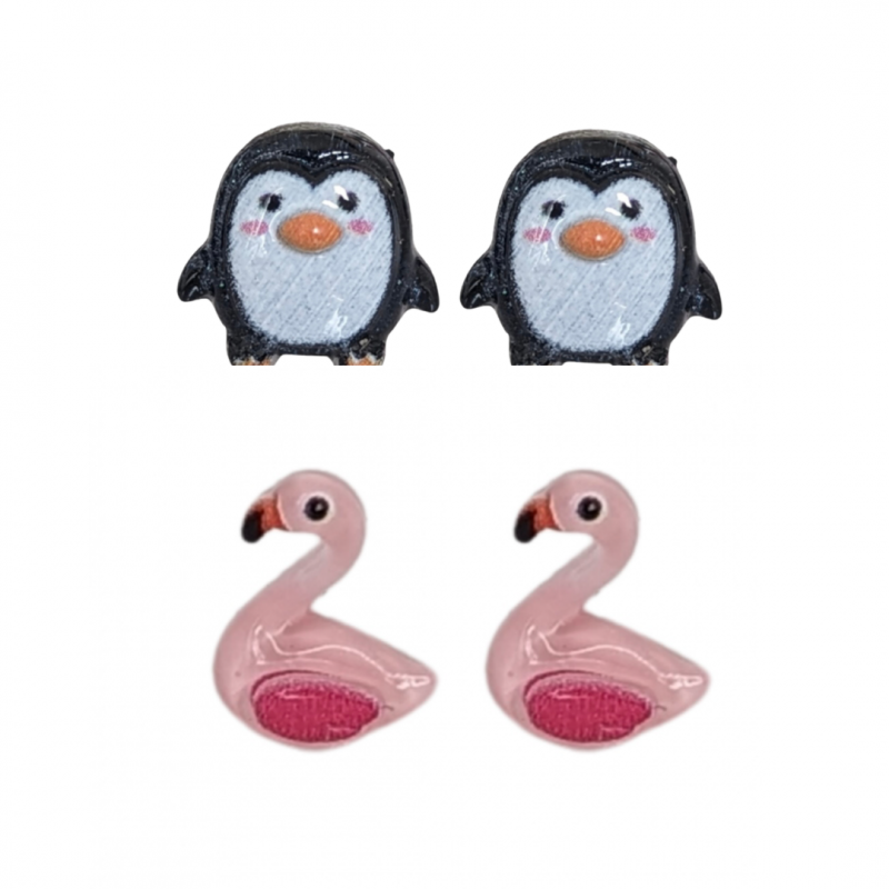 2 paar Allergievrije oorbellen pinguïn en flamingo
