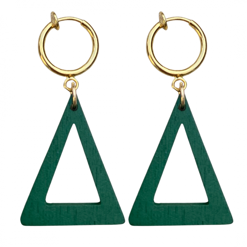 Klem oorbellen groen hout goudkleurig driehoek