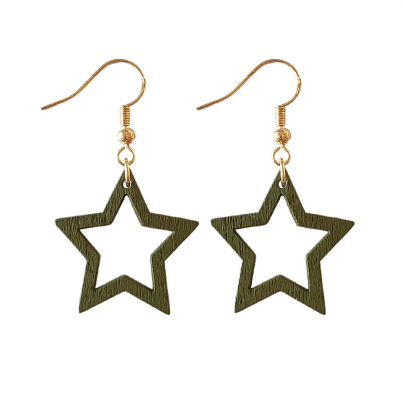 zilveren lange oorbellen met houten groen ster goudkleurig