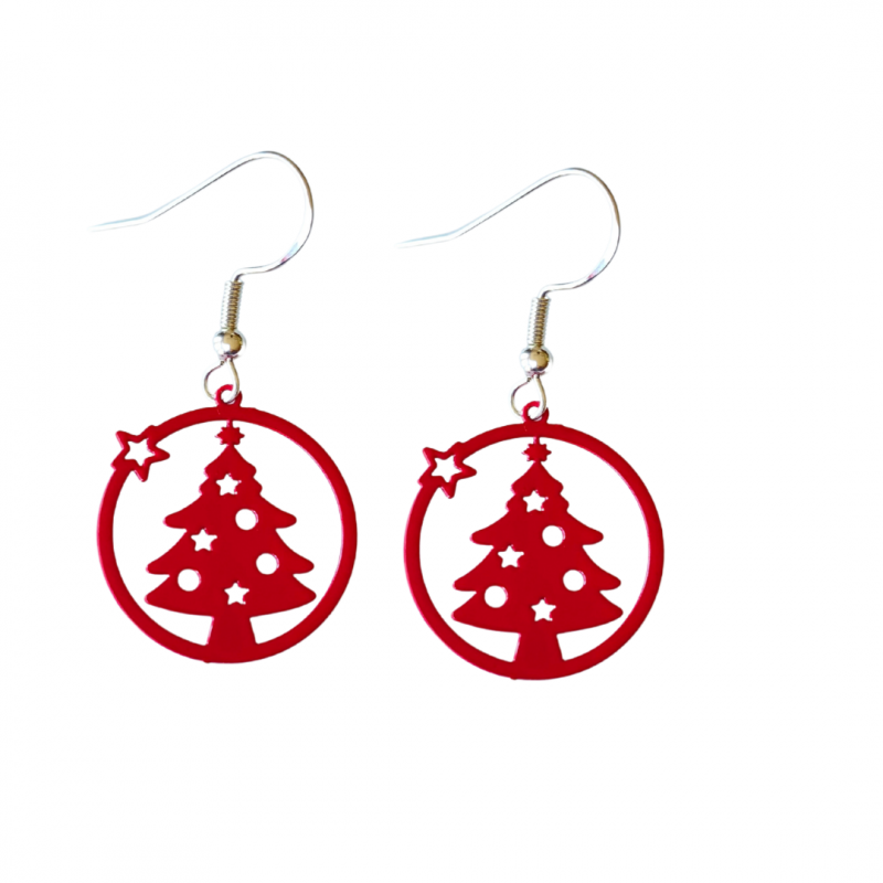 Zilveren oorbellen  kerstboom rood