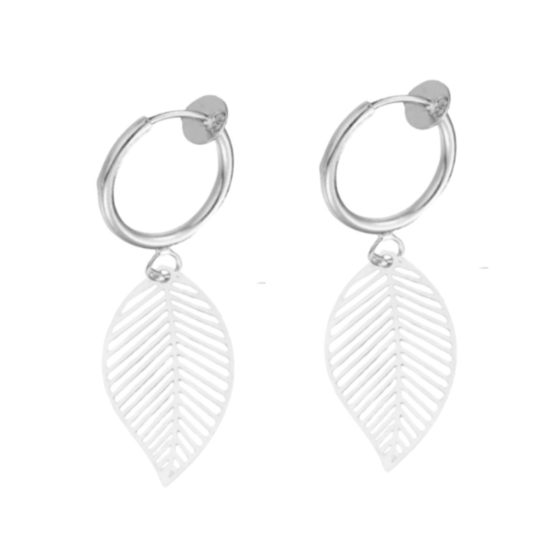 Klem oorbellen zilverkleur klein blad filigraan 3 cm