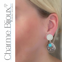 Clip oorbellen turquoise zilverkleur Tibetaans