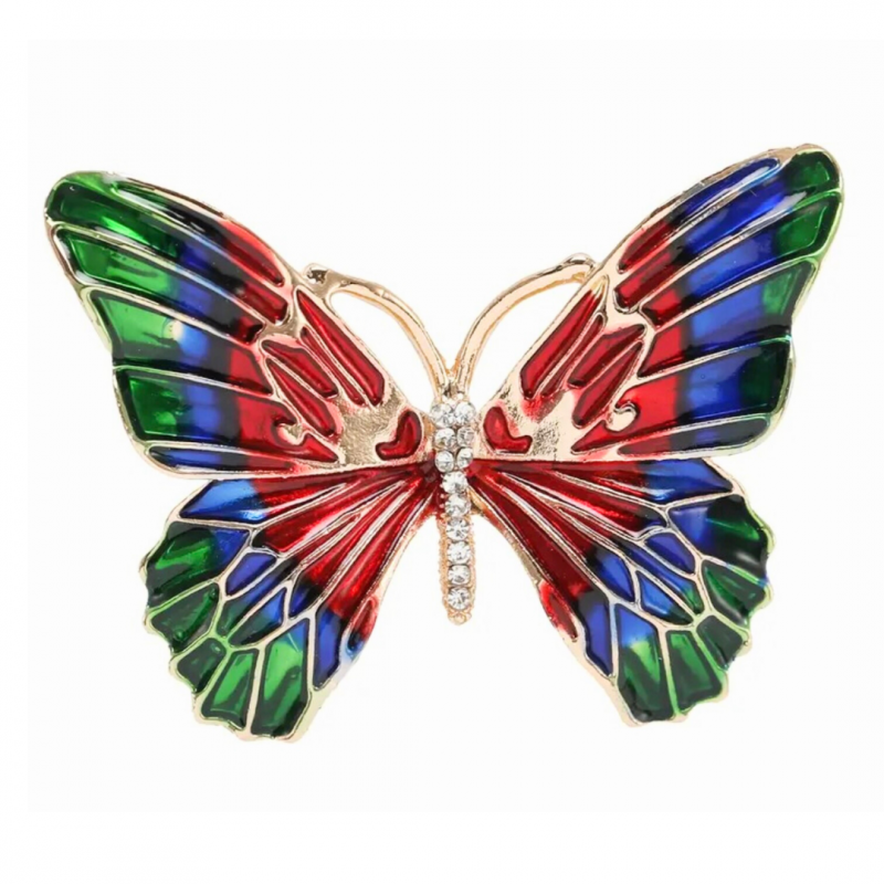 Broche vlinder rood blauw groen goudkleurig strass