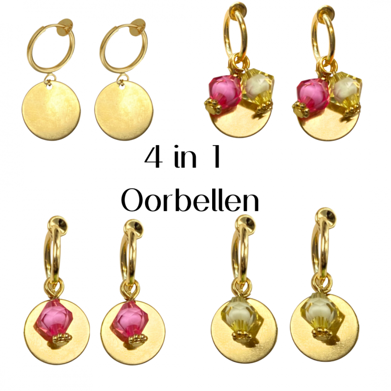 4 in 1 klem oorbellen goudkleurig-roze/geel